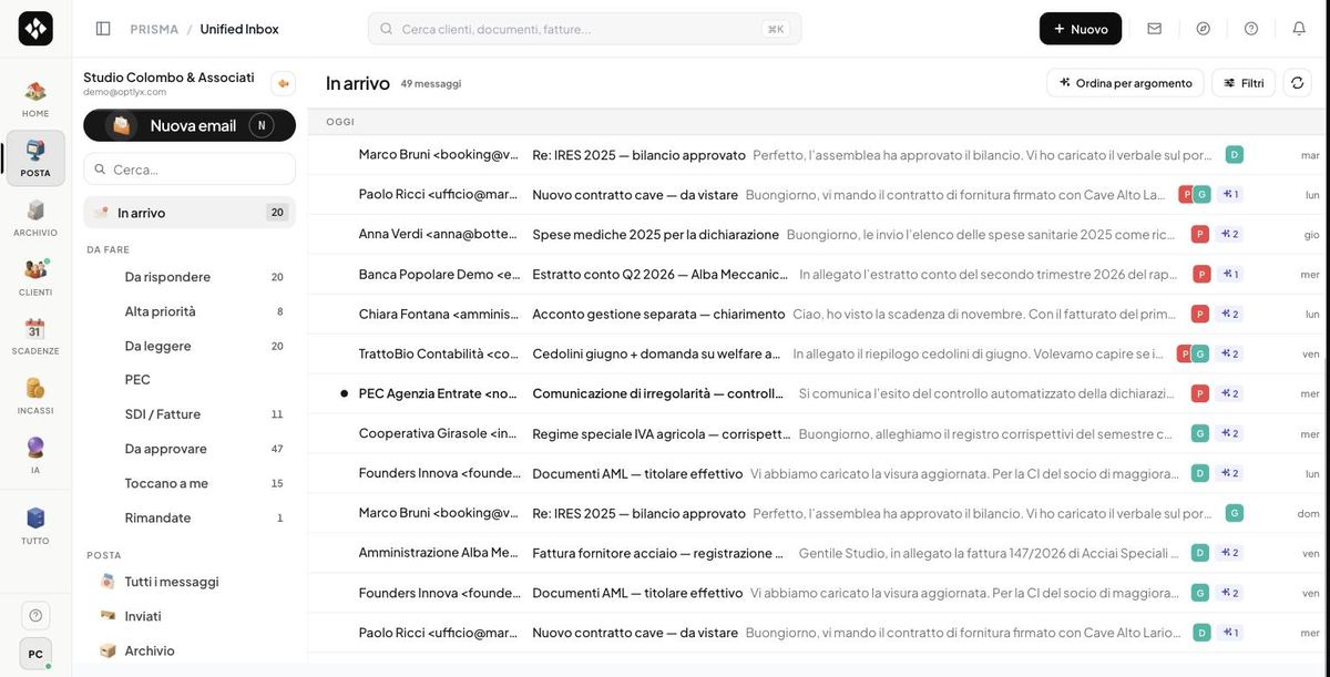 Prisma’s inbox: an accounting firm’s certified and ordinary email, already sorted by client and priority