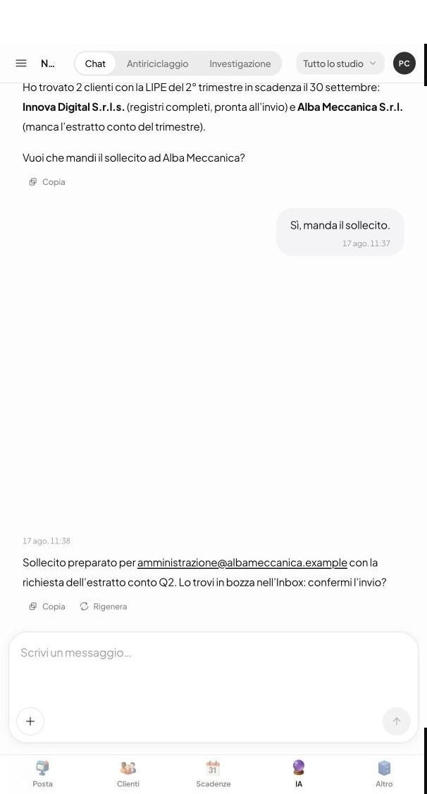 Narya, Prisma's AI assistant, answers the question “which clients have a VAT communication due this month?” by listing the two clients concerned and offering to send the reminder — phone version