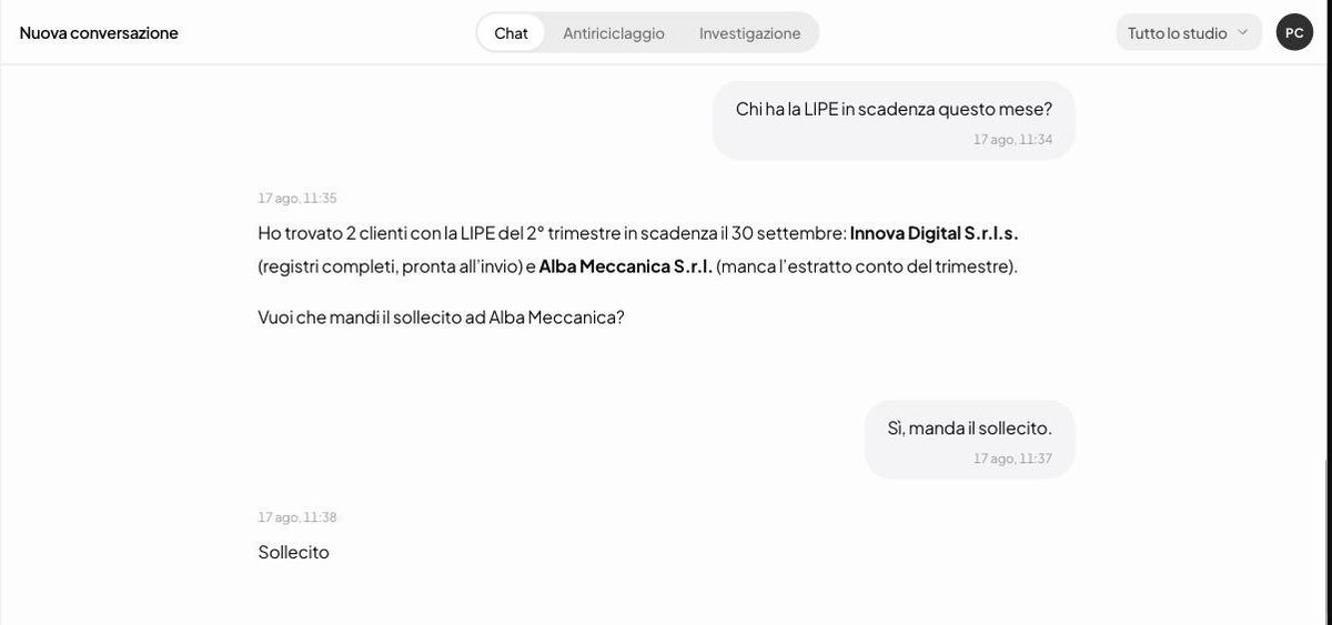 Narya, Prisma's AI assistant, answers the question “which clients have a VAT communication due this month?” by listing the two clients concerned and offering to send the reminder