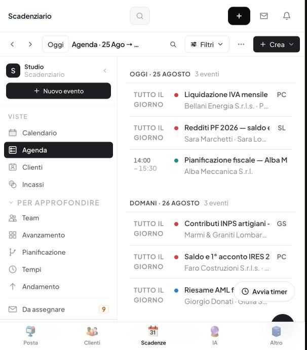 Prisma's deadline calendar: a week at an accounting firm with VAT settlement, tax payment forms, social security contributions, personal income tax returns and an anti-money-laundering review, each assigned and with its own due date — phone version