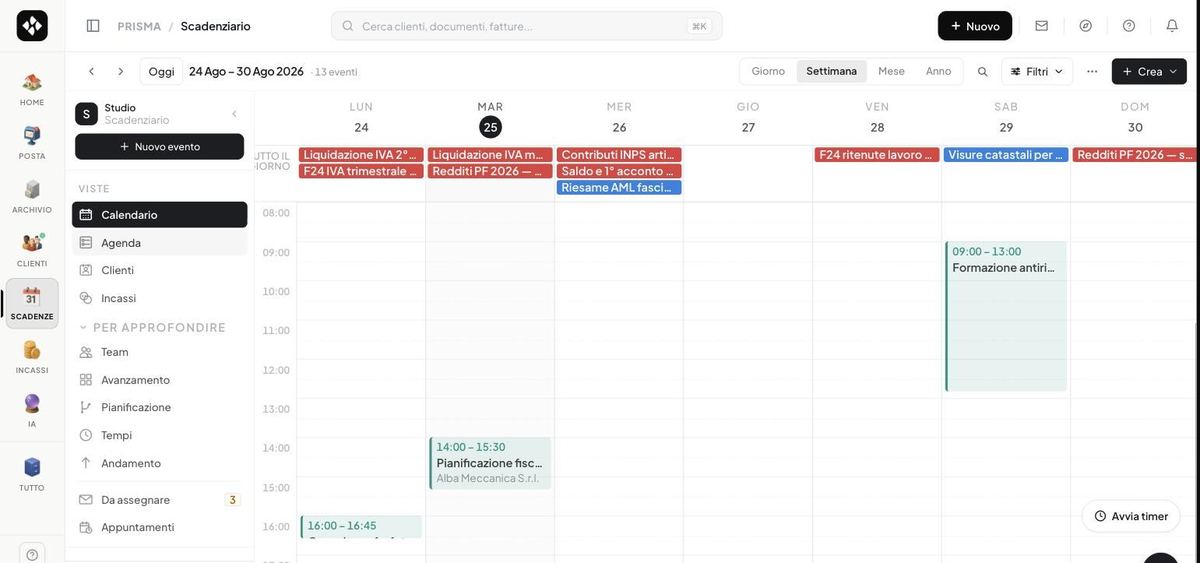 Prisma's deadline calendar: a week at an accounting firm with VAT settlement, tax payment forms, social security contributions, personal income tax returns and an anti-money-laundering review, each assigned and with its own due date