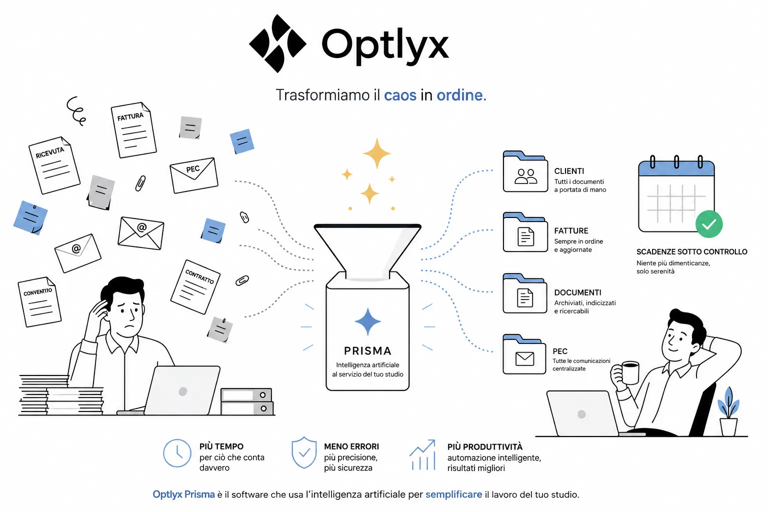 Schema del funzionamento di Optlyx Prisma: l'intelligenza artificiale raccoglie fatture, PEC, ricevute e contratti e li archivia automaticamente in clienti, fatture, documenti e comunicazioni PEC — trasformando il caos in ordine per gli studi commercialisti italiani